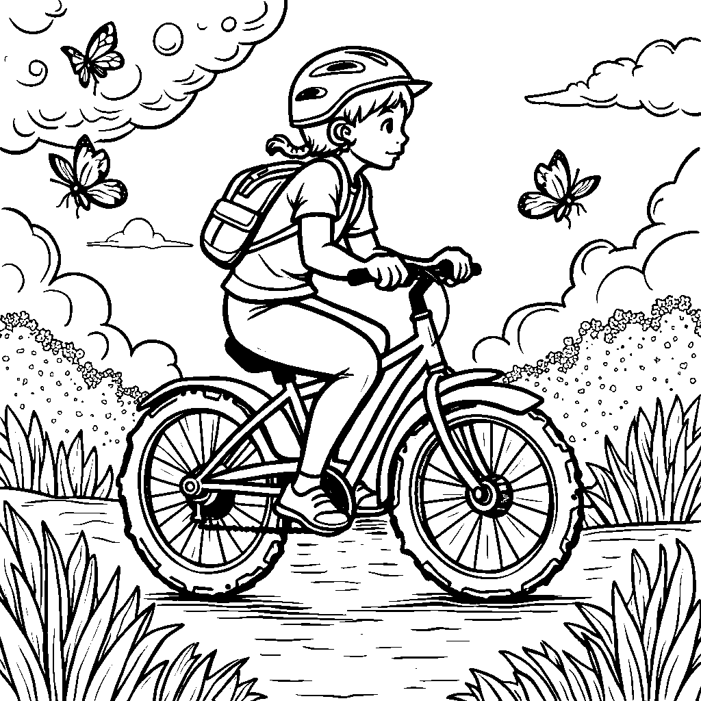 Number 25 riding a bicycle on a scenic path with butterflies flying around.