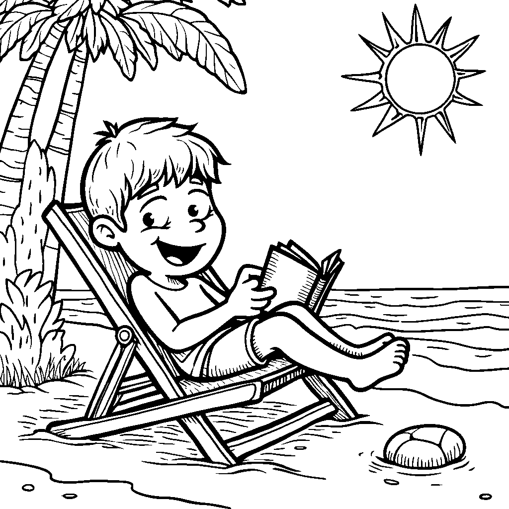 Number 6 lounging on a beach chair under a sunny sky holding a book