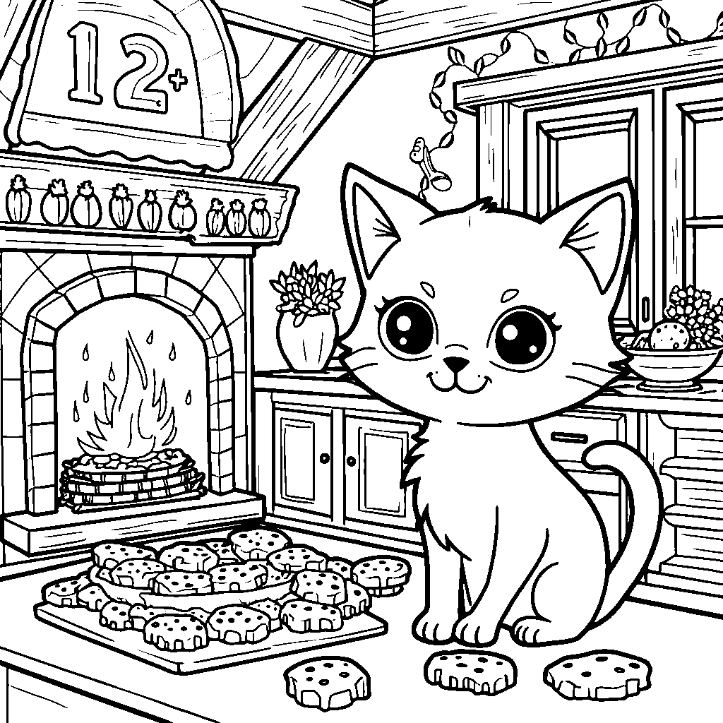 The number 12 baking cookies in a cozy kitchen with a pet cat watching