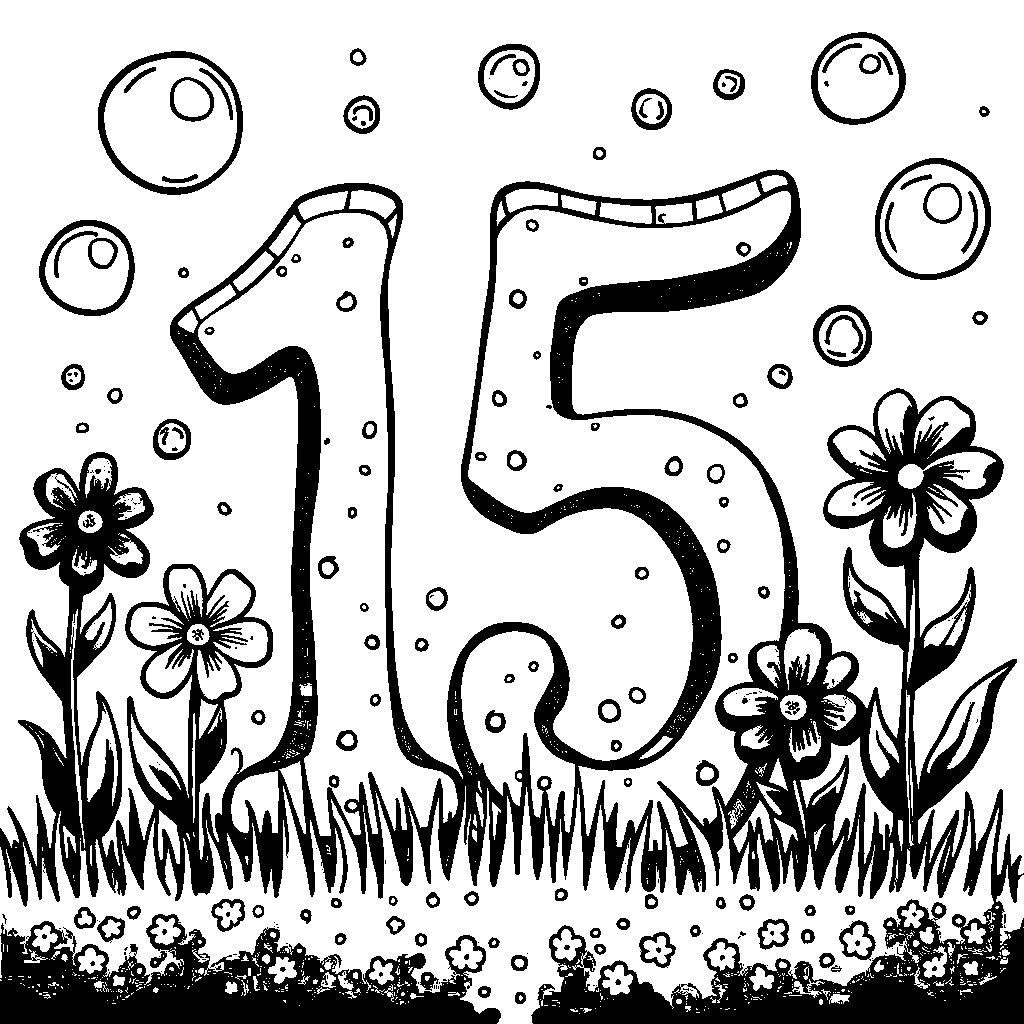 The number 15 blowing bubbles in a sunny garden.