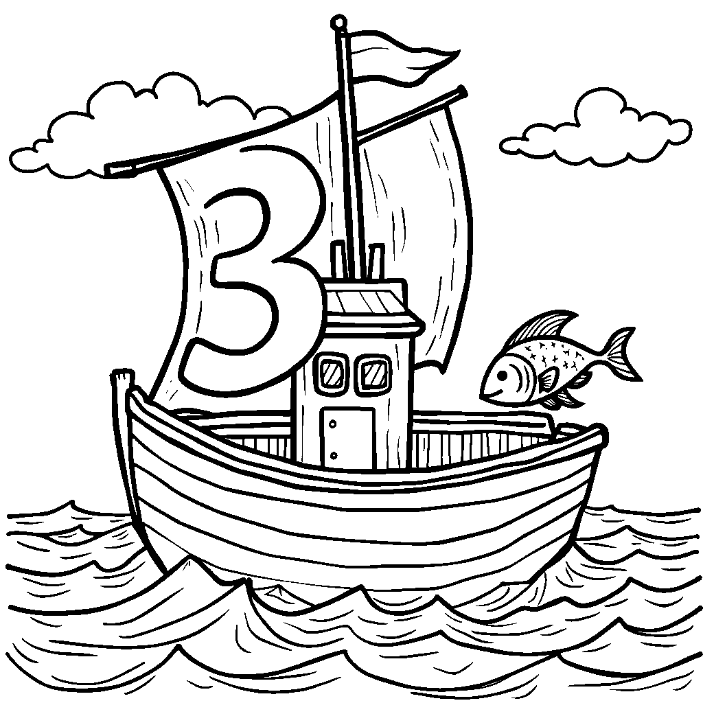 The number 3 sailing a colorful boat on a cheerful sea with fish jumping out.