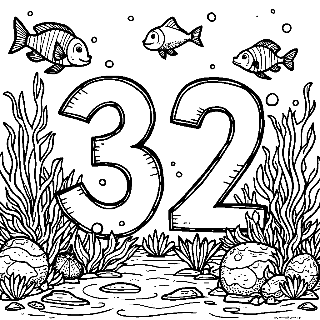 The number 32 exploring an underwater world full of colorful fish