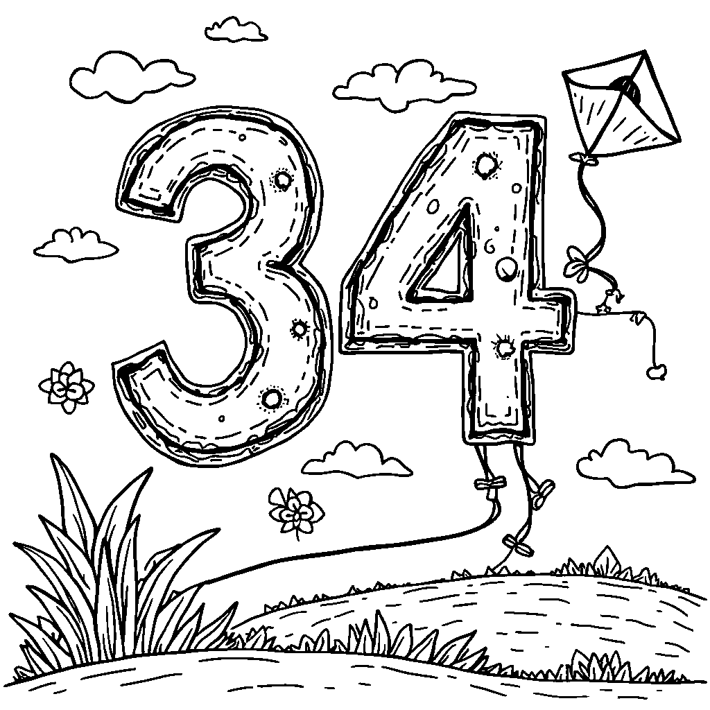 The number 34 flying a colorful kite on a breezy day