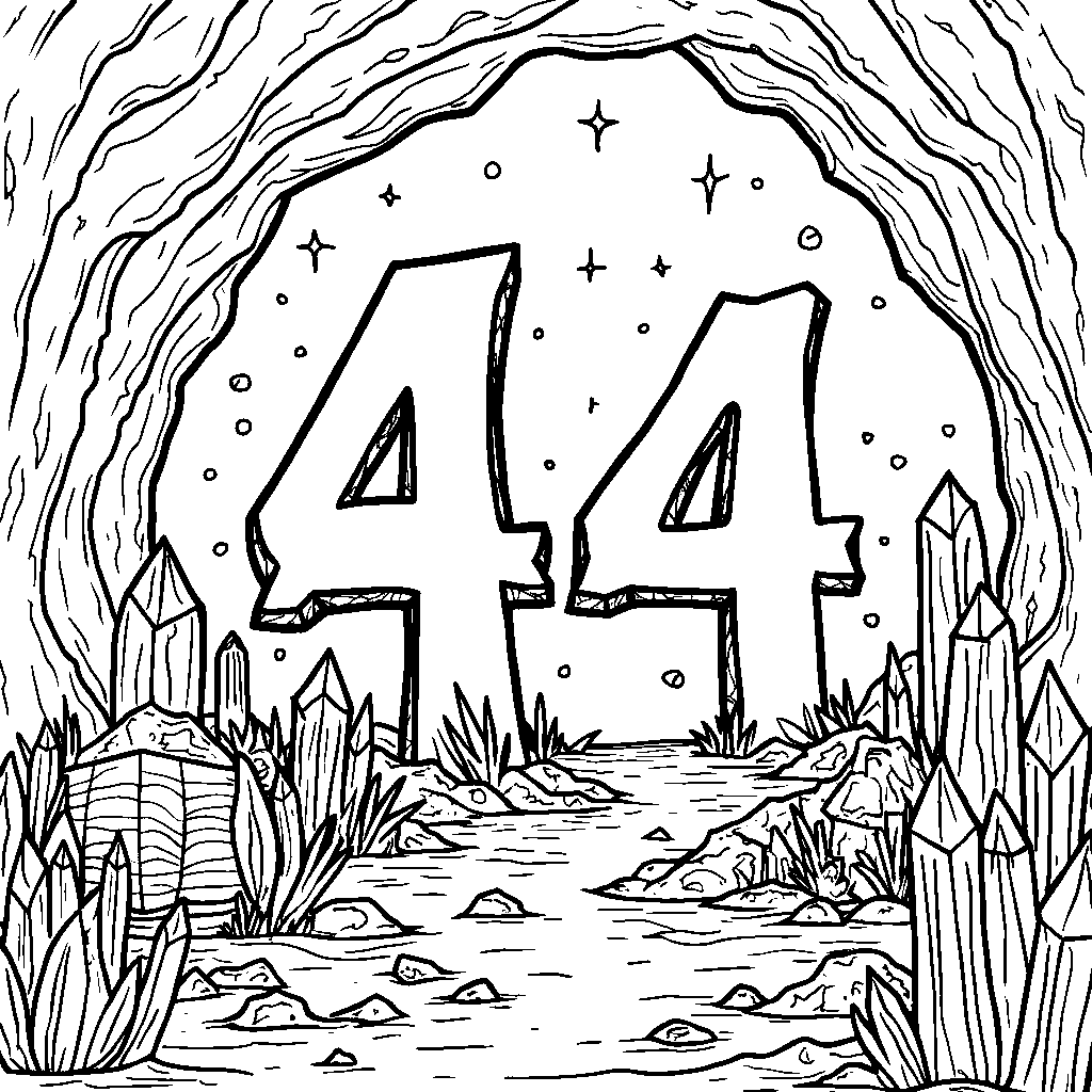 The number 44 exploring a mystical cave with crystals and treasures.