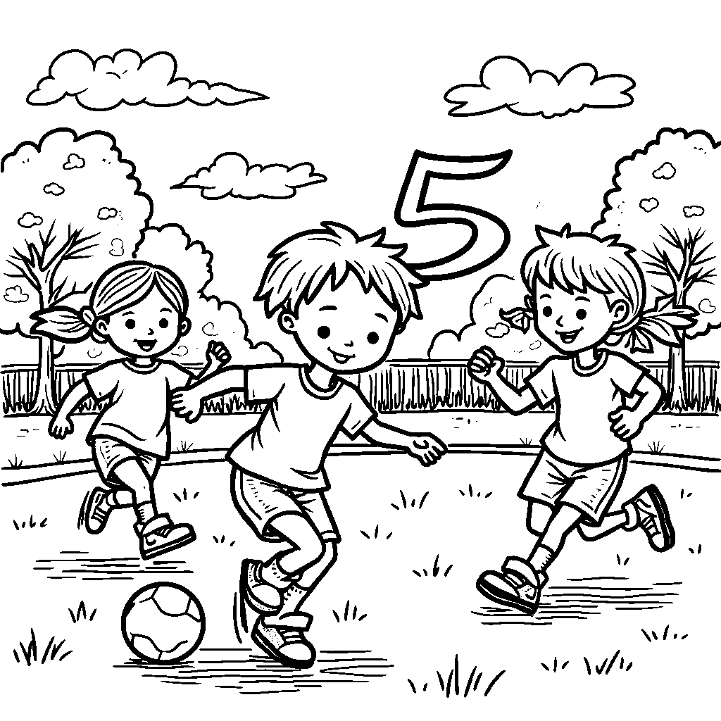 The number 5 is playing soccer with kids in a park