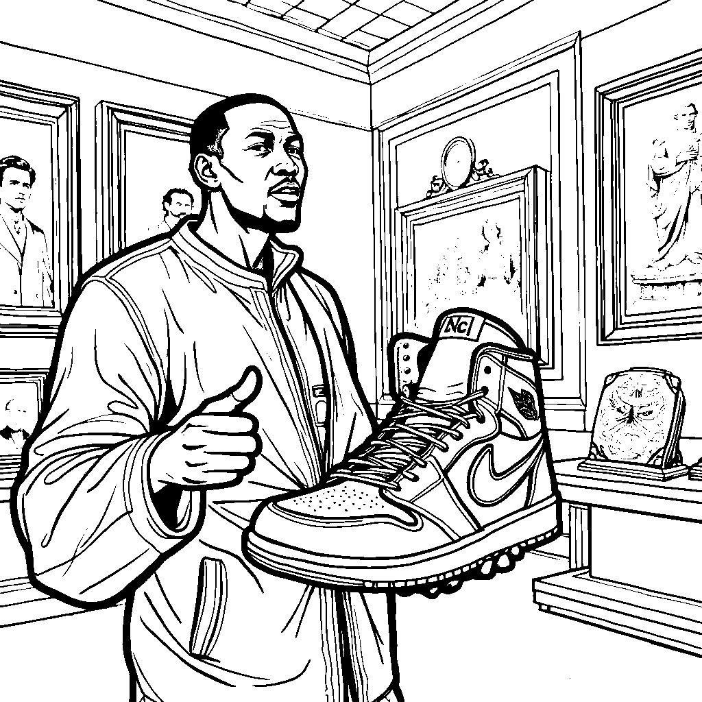 Michael Jordan holding a Air Jordan 1 shoe in a museum