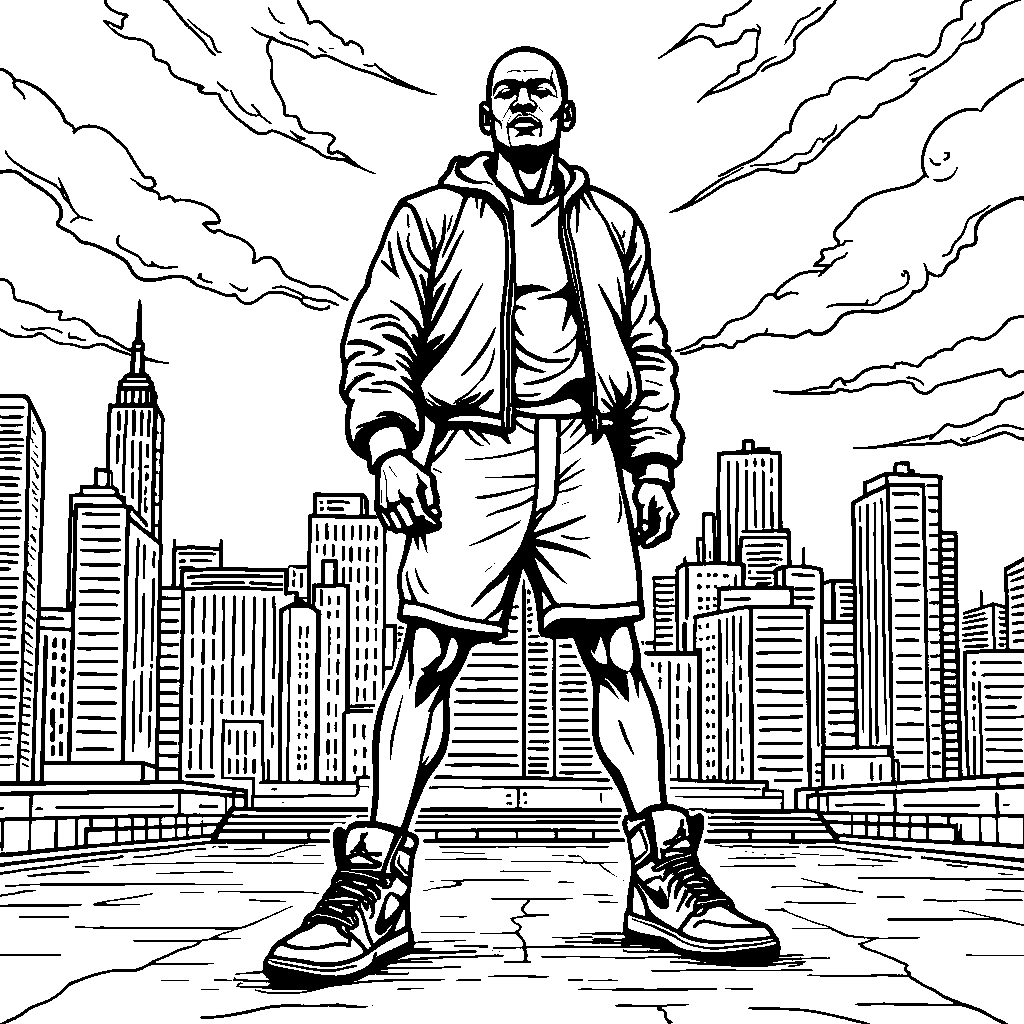 Michael Jordan wearing Air Jordan 1 shoes as a superhero