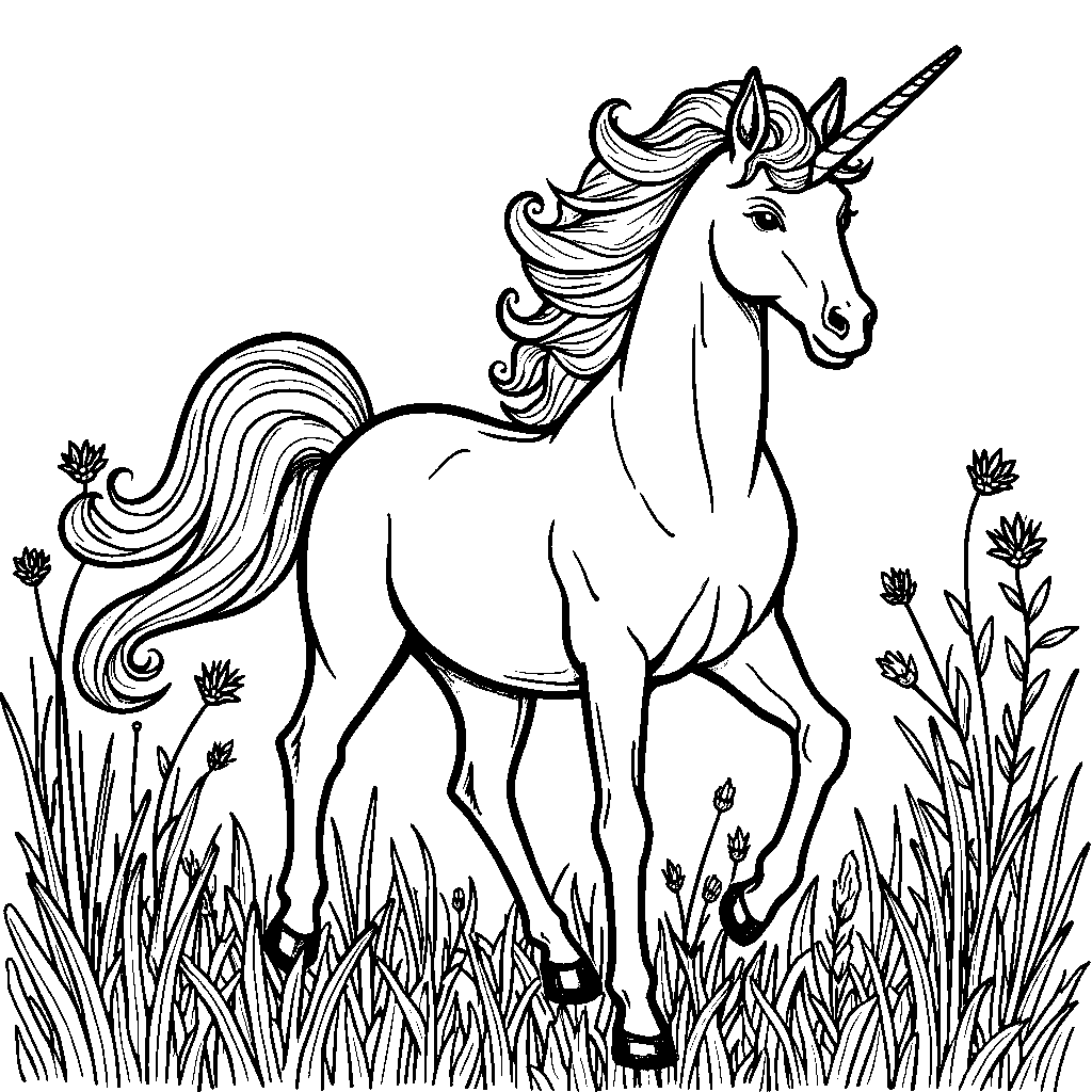 A beautiful unicorn prancing through a meadow