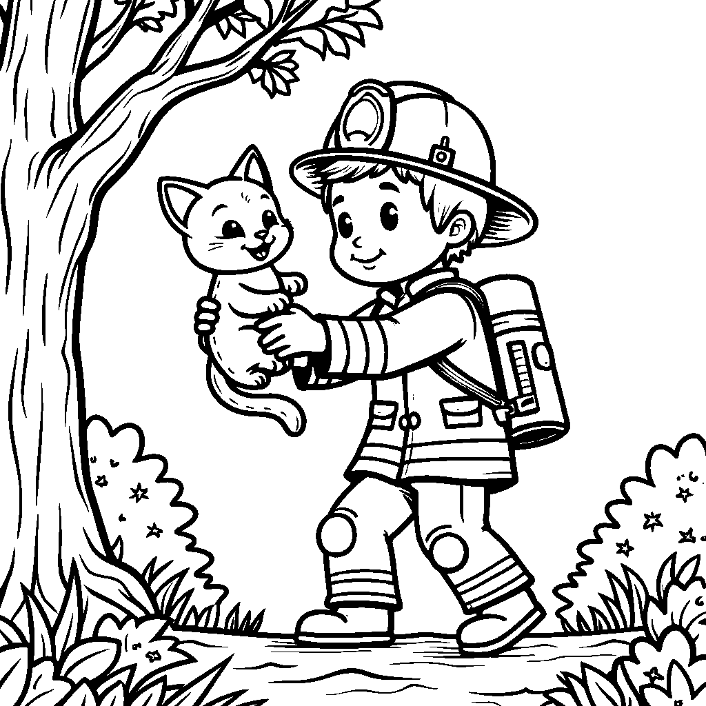 A brave firefighter rescuing a kitten from a tree