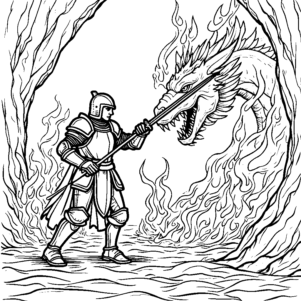 A brave knight fighting a fiery dragon