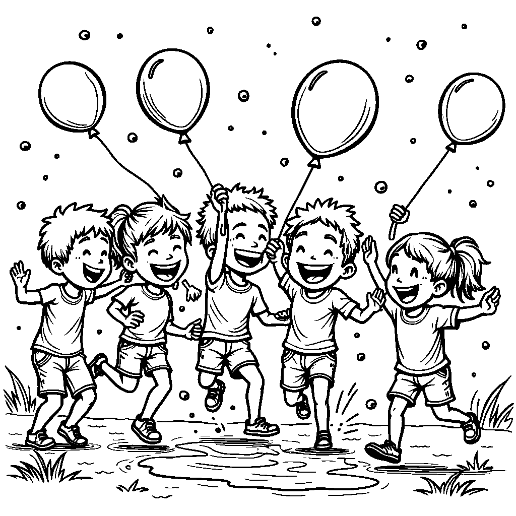 A group of kids having a water balloon fight