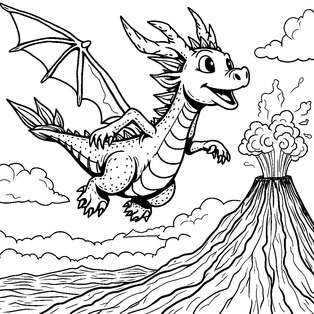 A happy dragon flying over a volcano