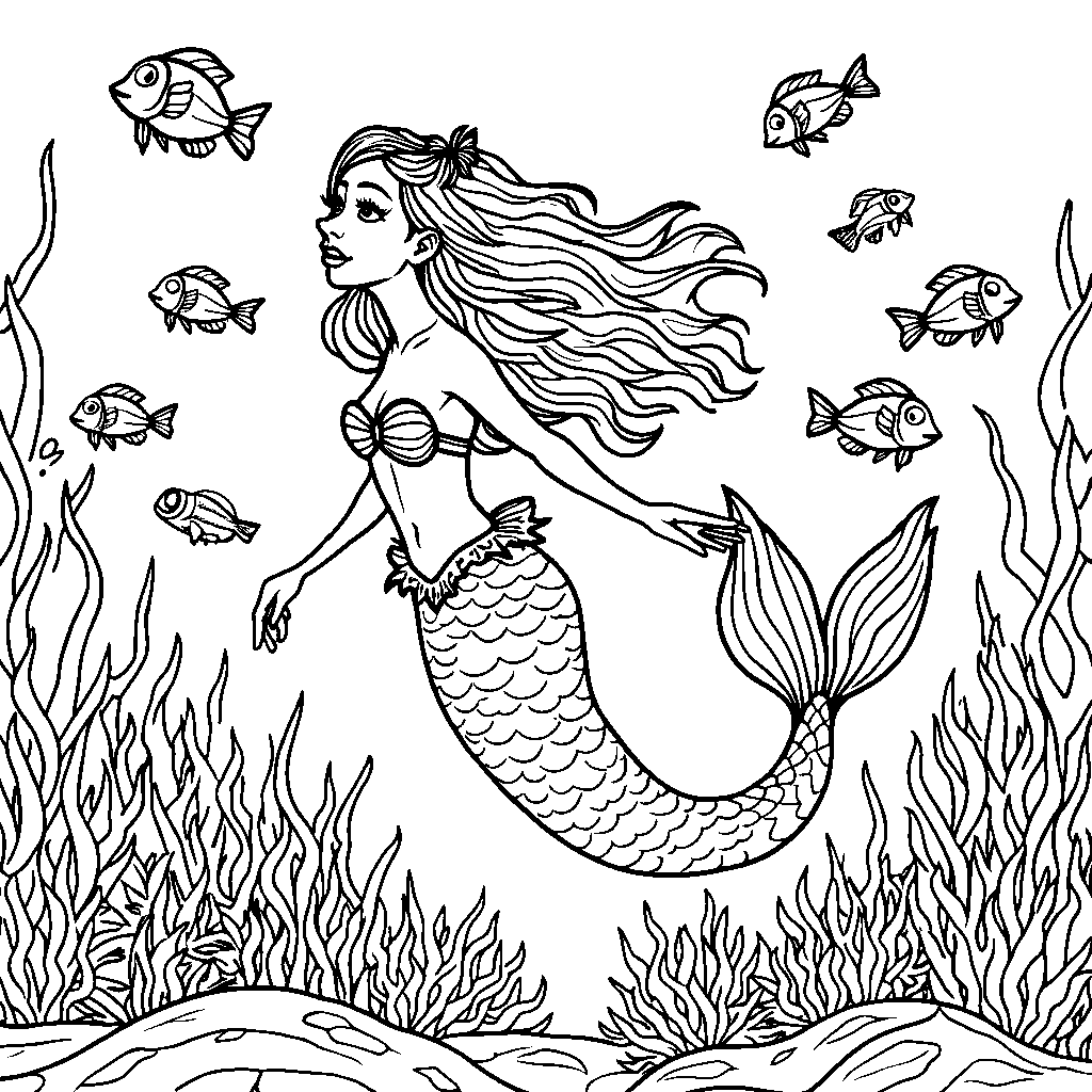 A mermaid swimming with a school of rainbow fish