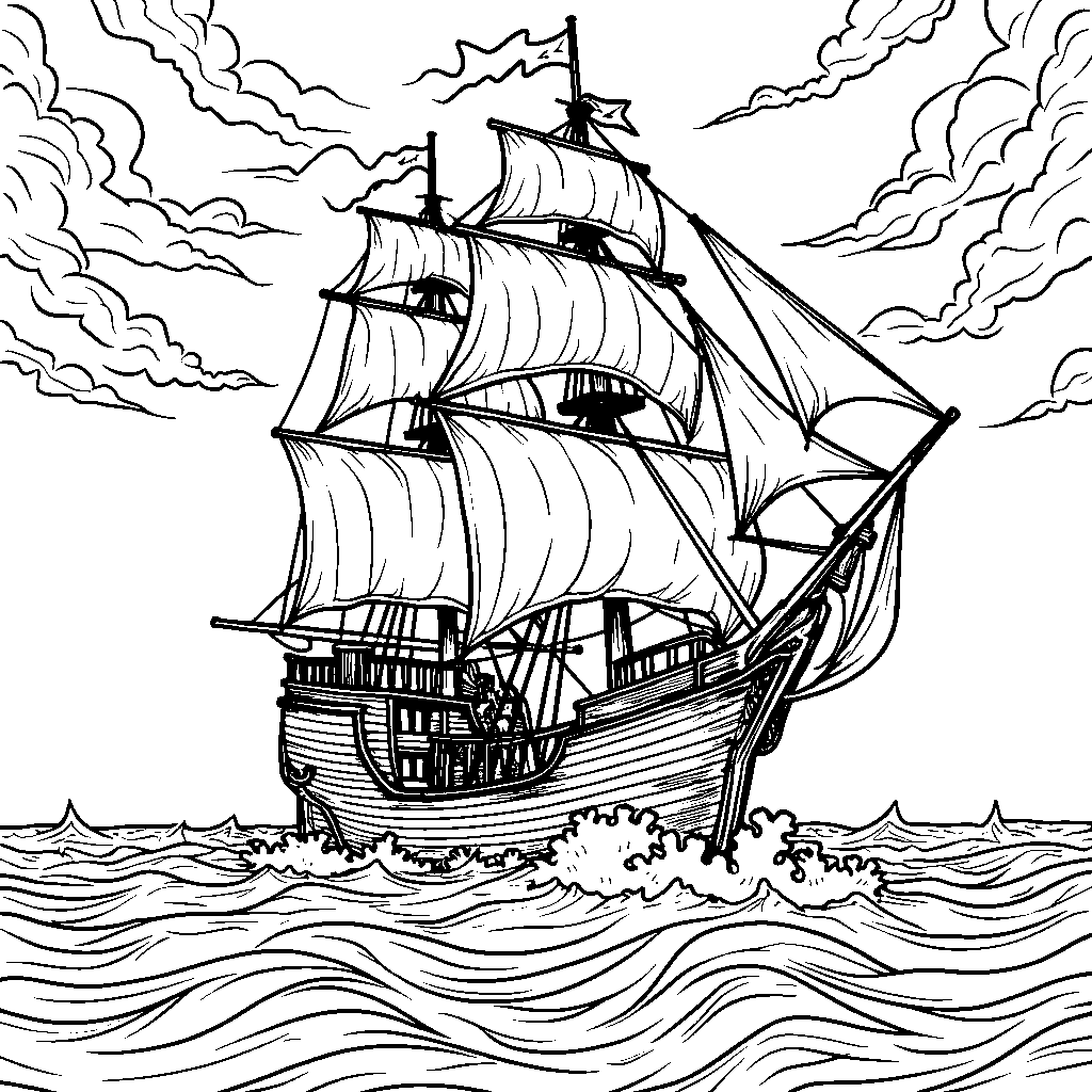 A pirate ship sailing through a stormy sea