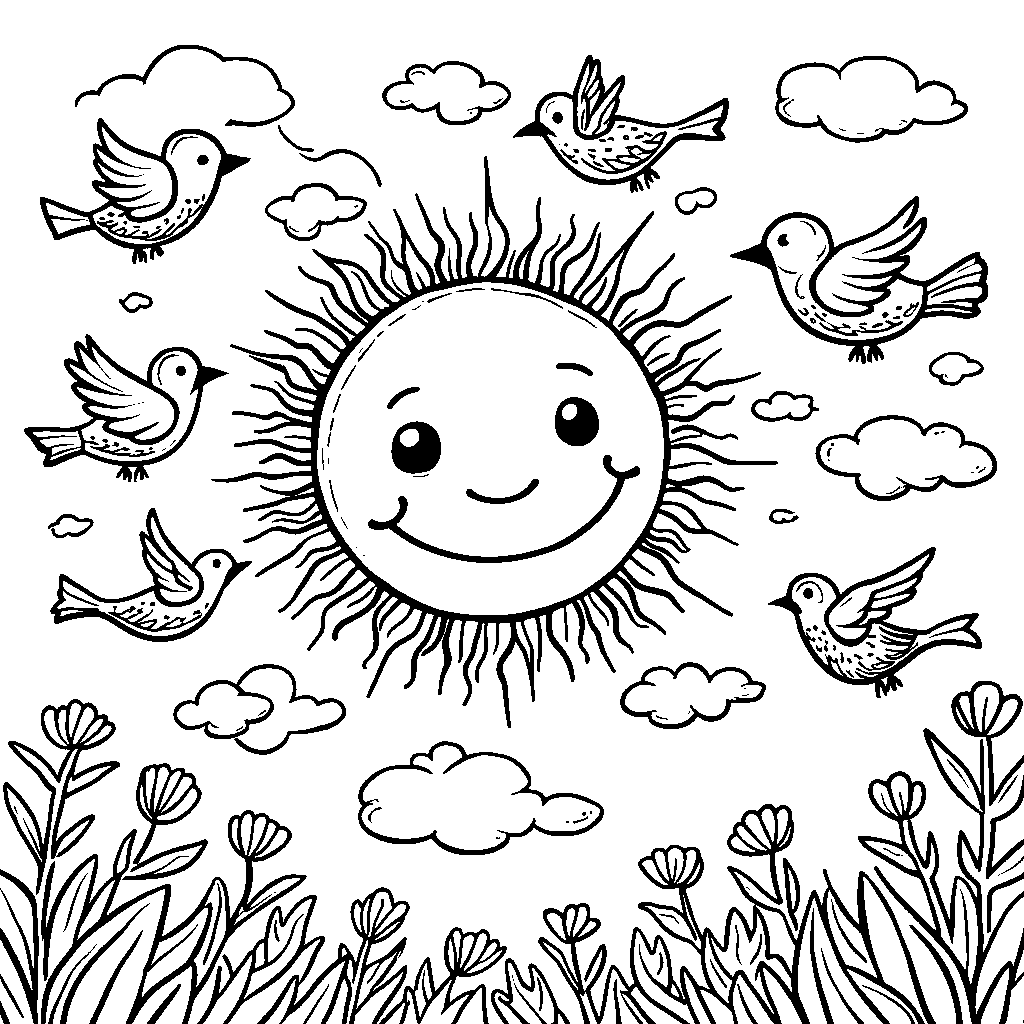 A smiling sun surrounded by fluttering birds