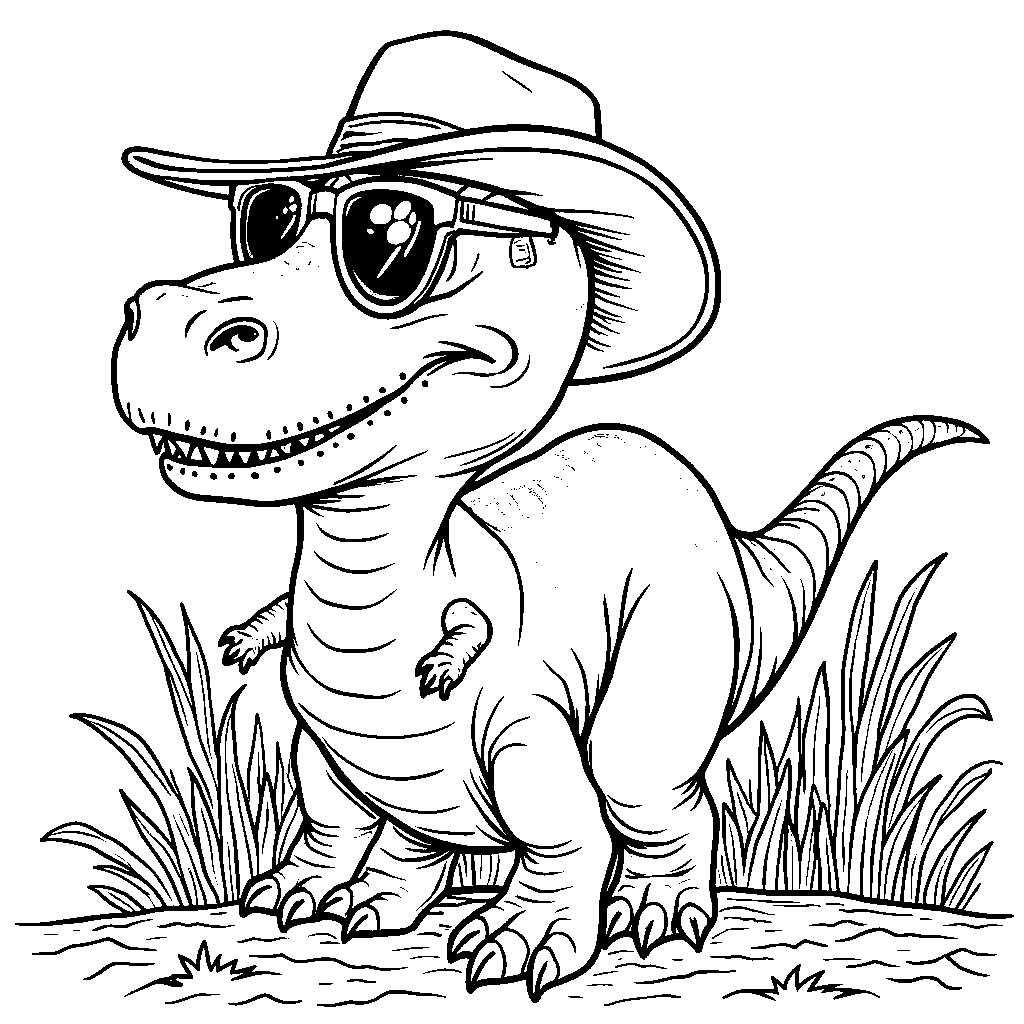 A dinosaur wearing sunglasses and a hat