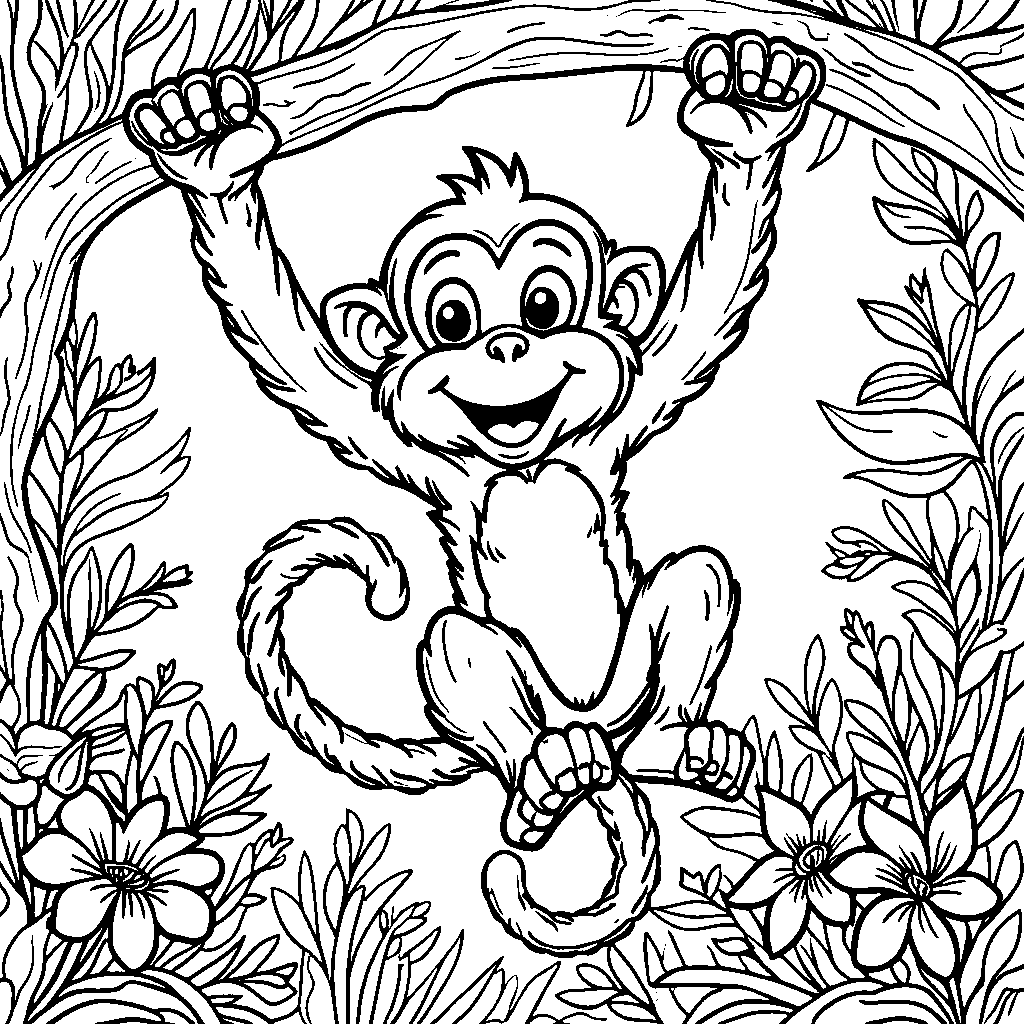 A happy monkey swinging from a tree branch