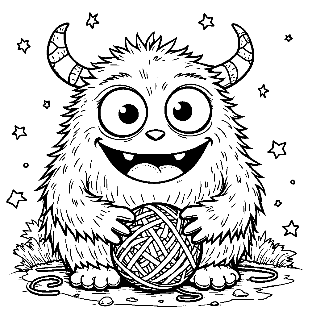 A happy monster playing with a ball of yarn