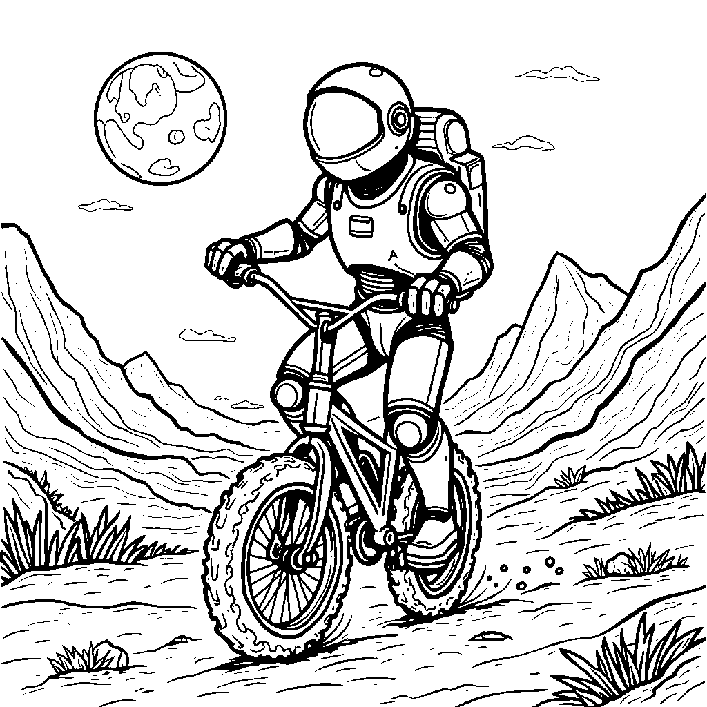 A robot riding a unicycle on the moon