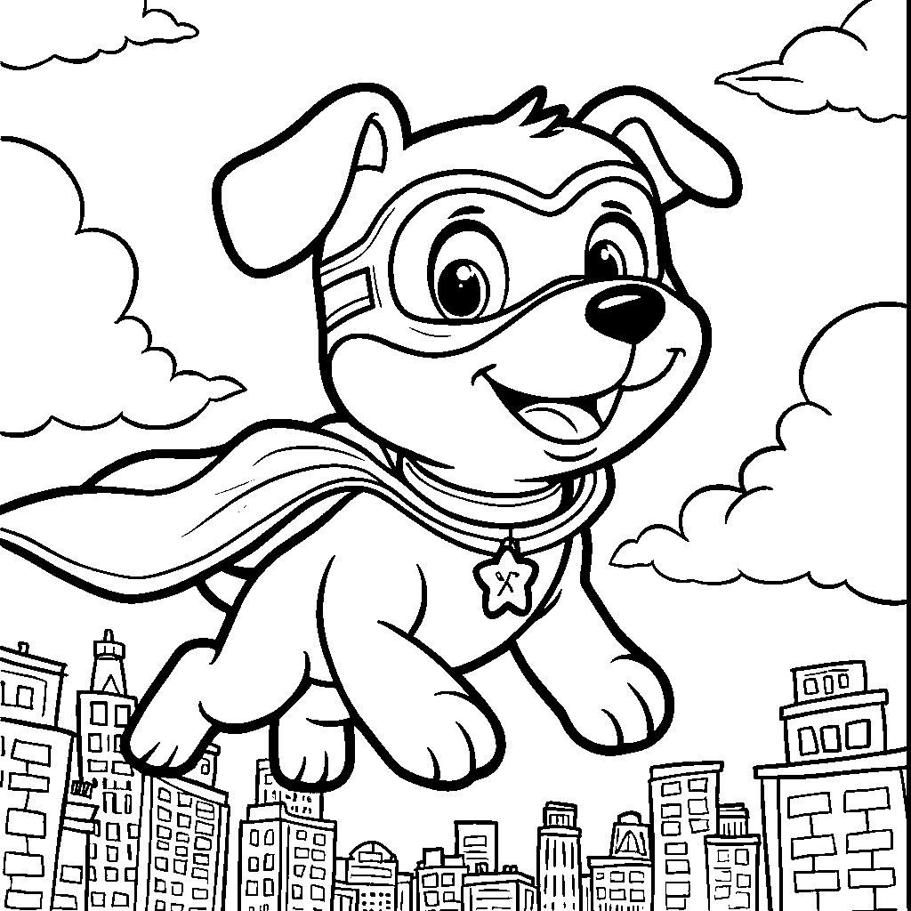 A superhero dog flying through the sky