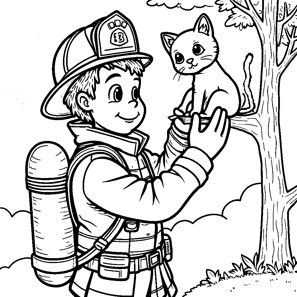 A brave firefighter rescuing a kitten from a tree