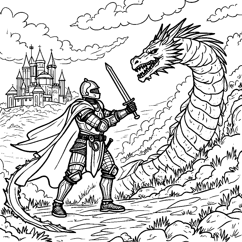 A brave knight battling a fire-breathing dragon