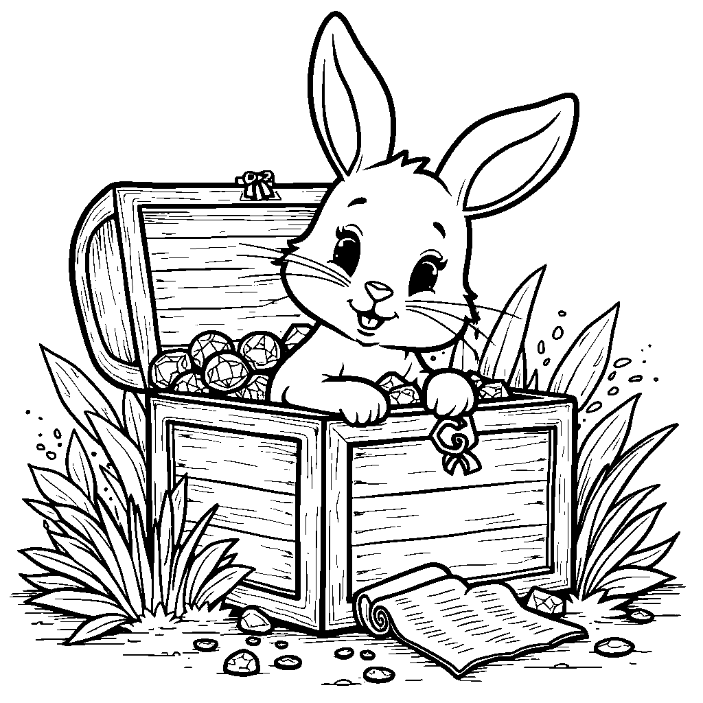 A curious rabbit exploring a hidden treasure chest