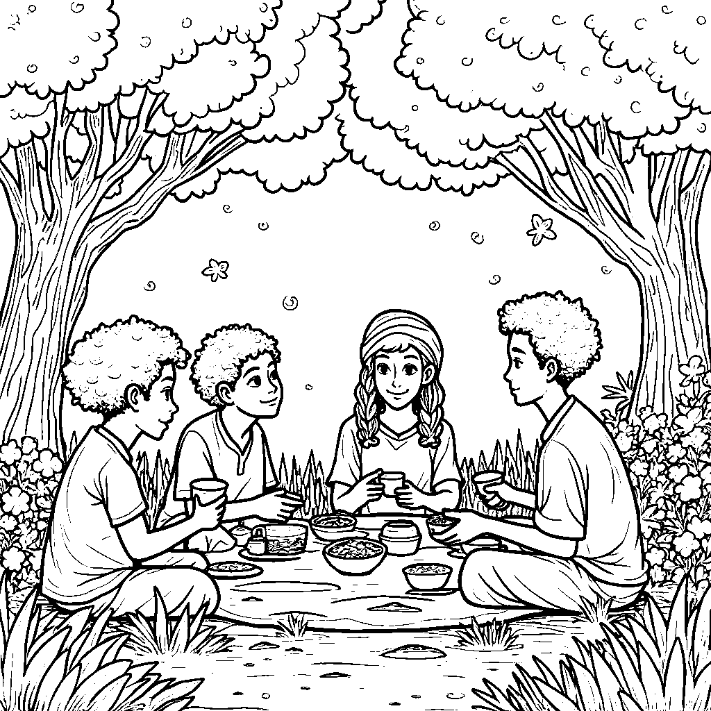 A group of friends having a picnic in a magical forest