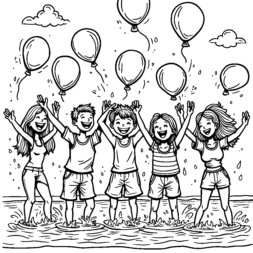 A group of friends having a water balloon fight on a hot summer day