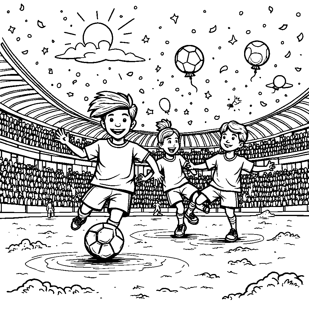 A group of friends playing soccer in a lively stadium