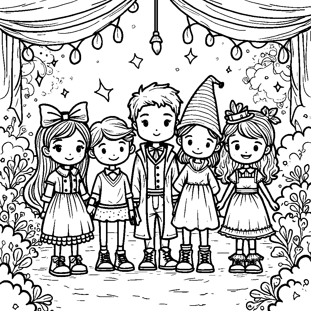 A group of kids playing dress-up in a magical costume shop