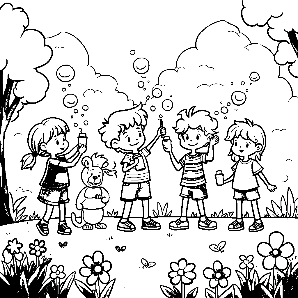 A group of kids playing with bubbles in a sunny park