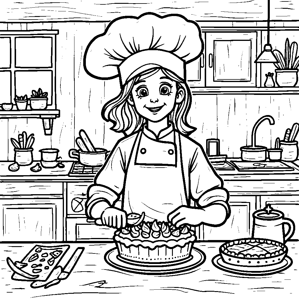 A happy chef baking a delicious cake in a cozy kitchen