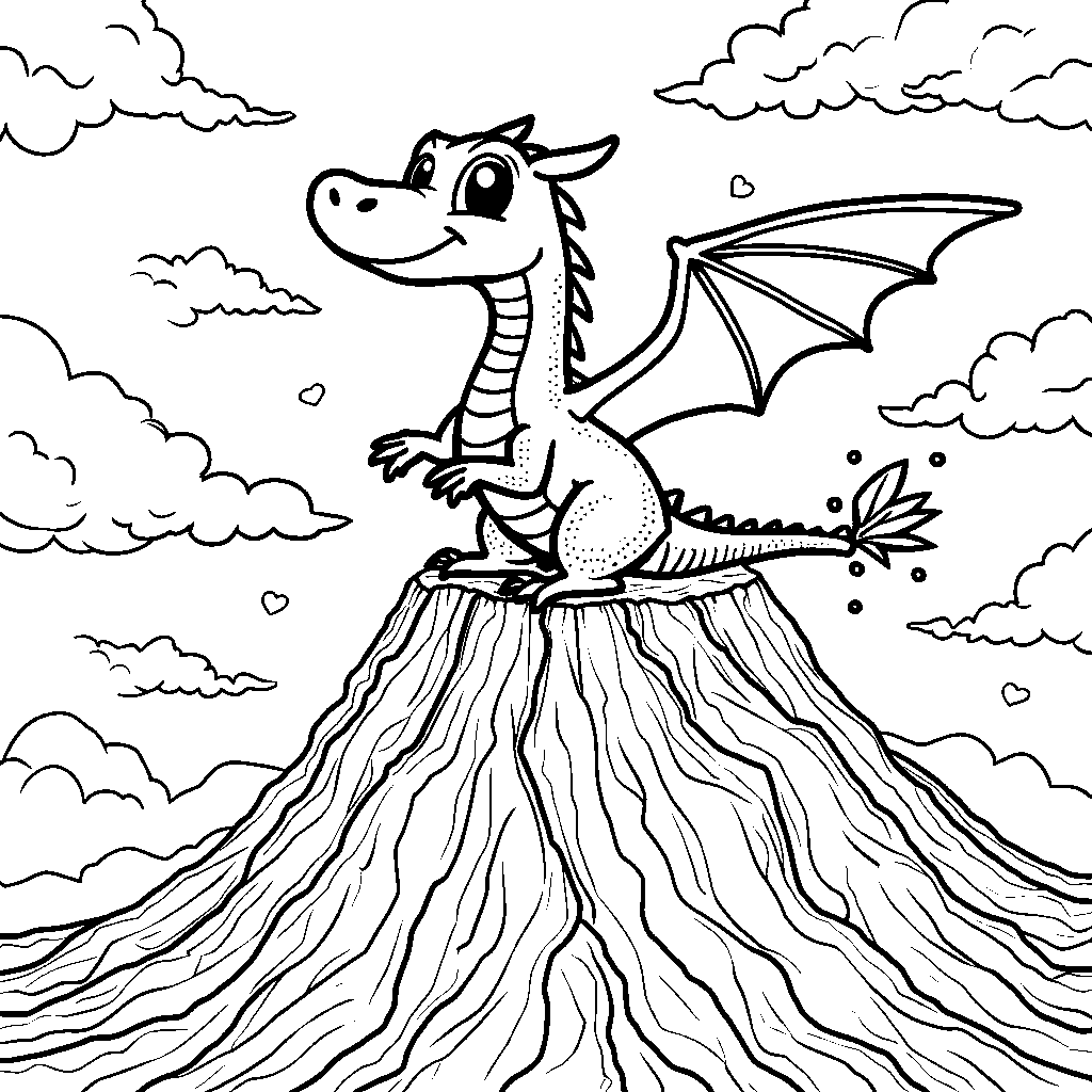 A happy dragon flying over a volcano