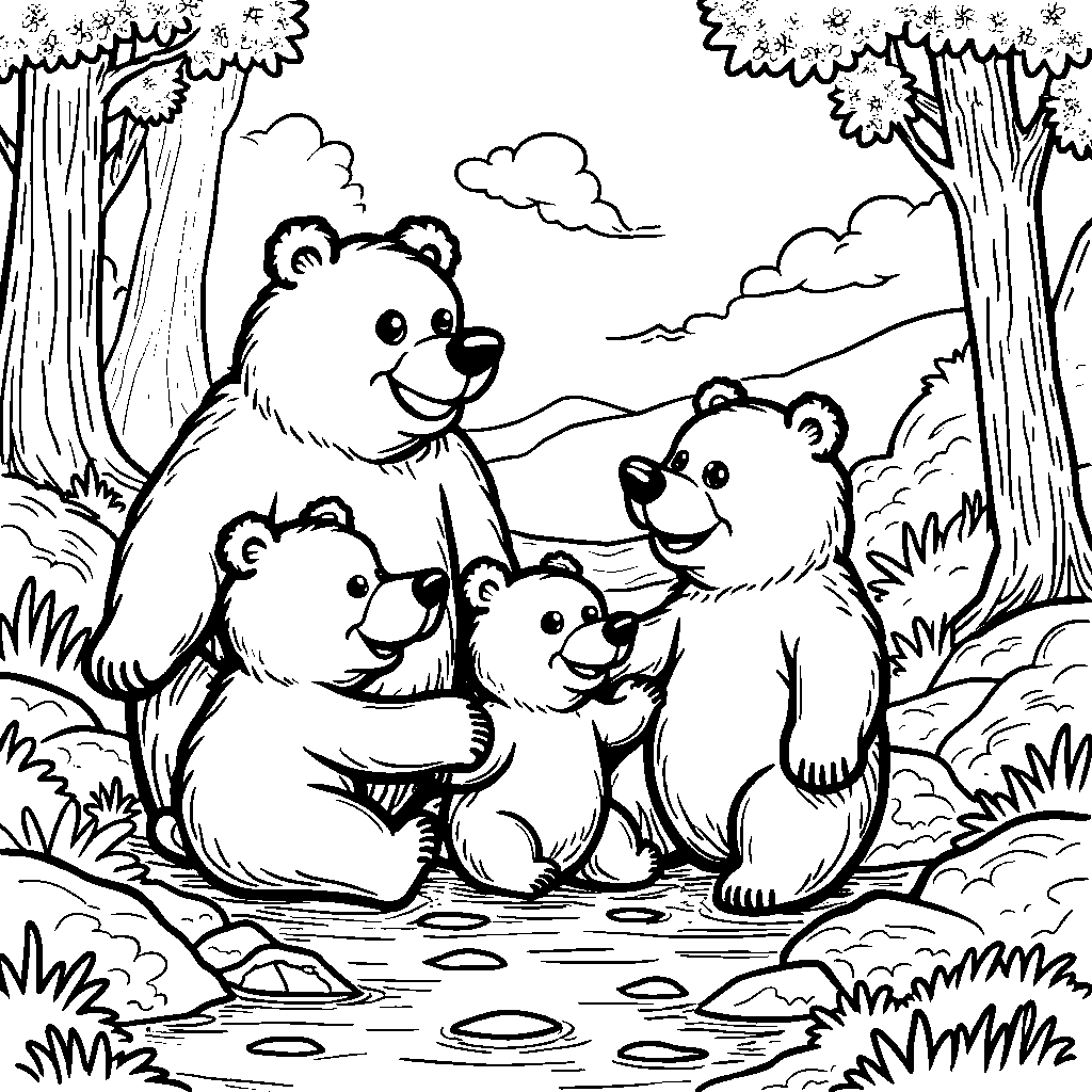 A happy family of bears playing in the woods