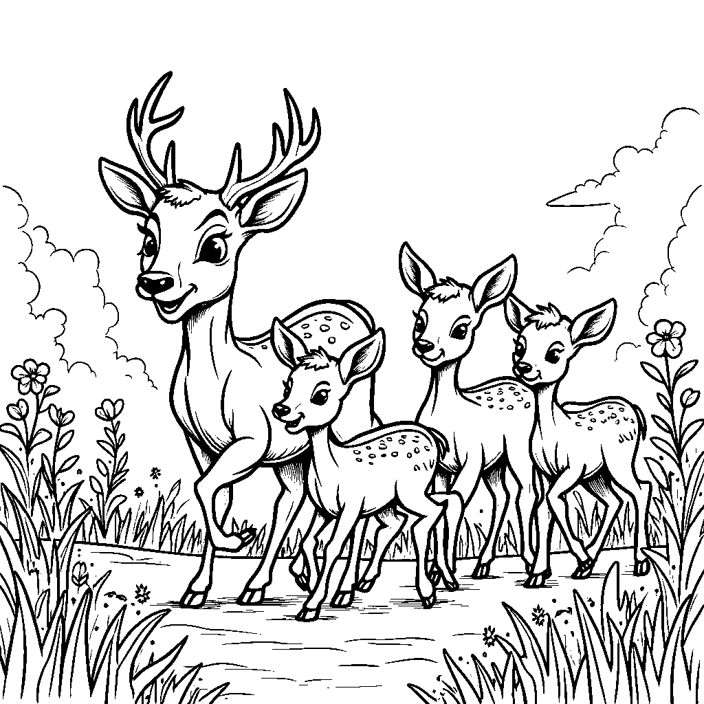 A happy family of deer running through a sunny meadow