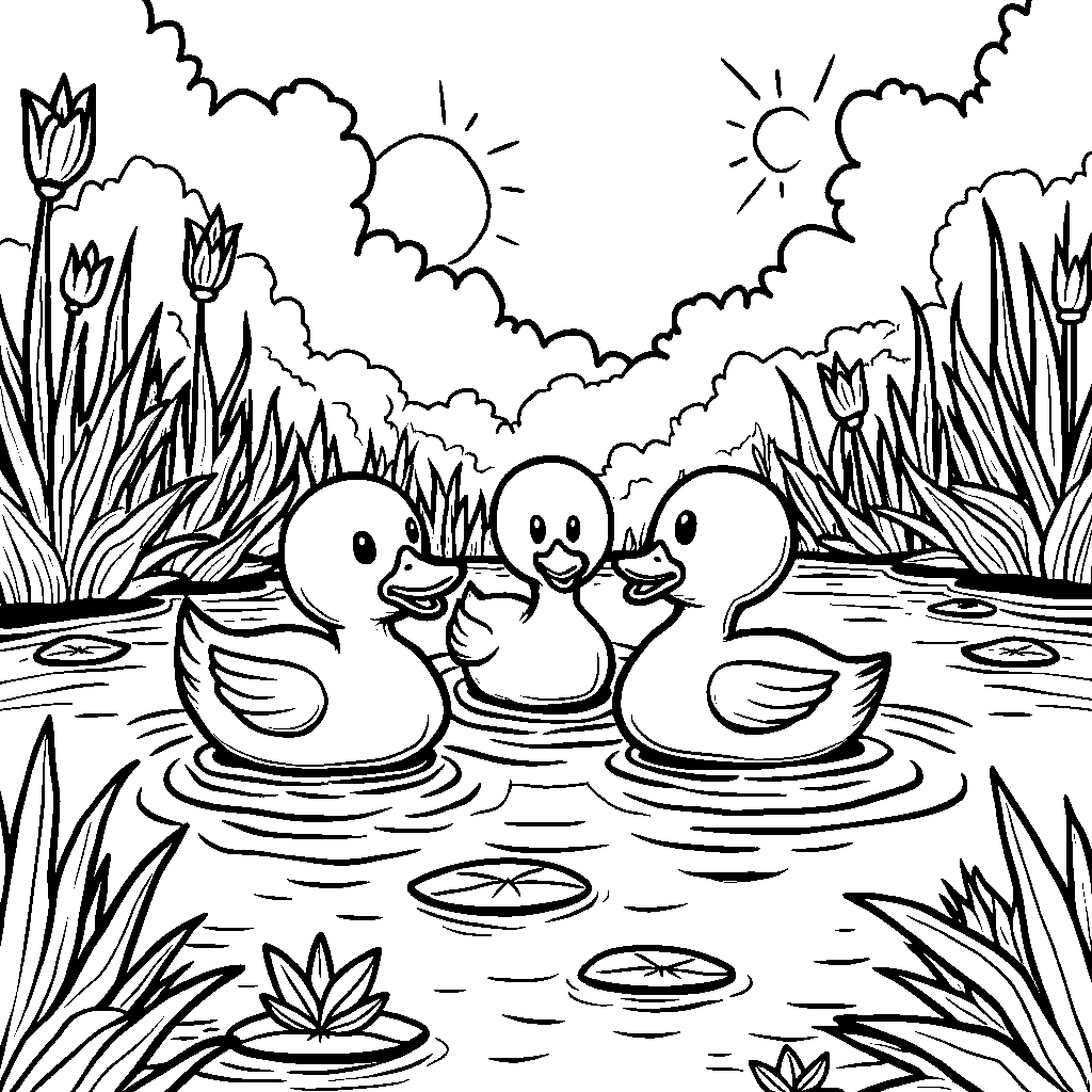 A happy family of ducks swimming in a peaceful pond