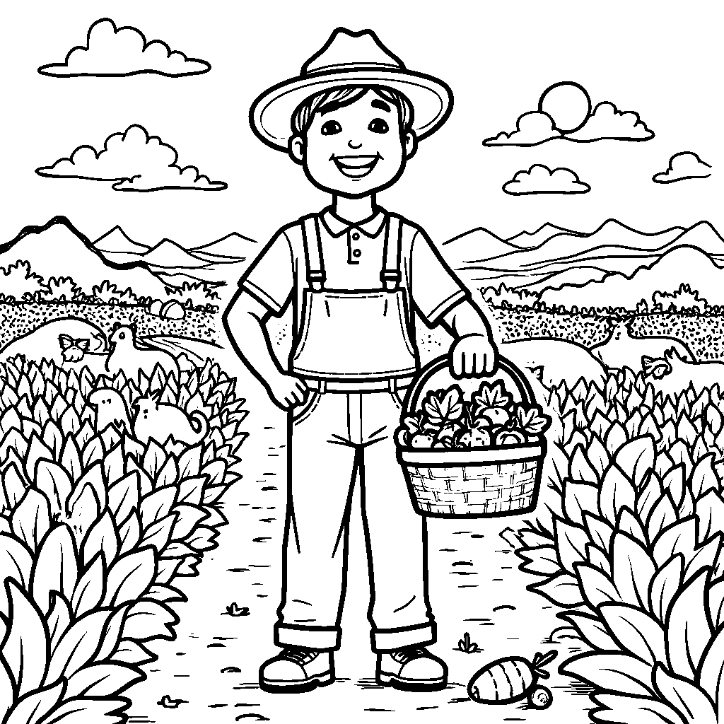 A happy farmer tending to a bustling farm