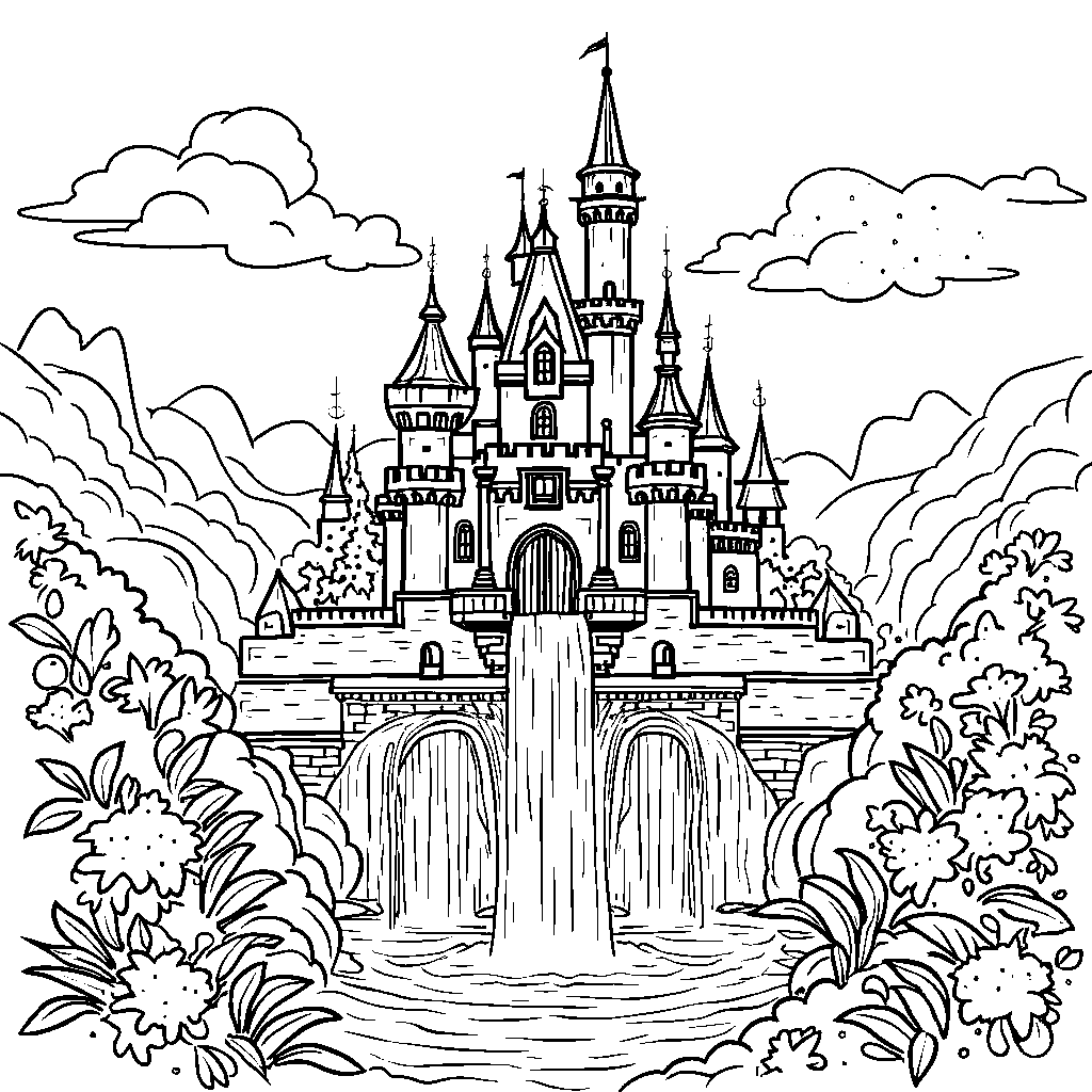 A magical castle surrounded by sparkling waterfalls