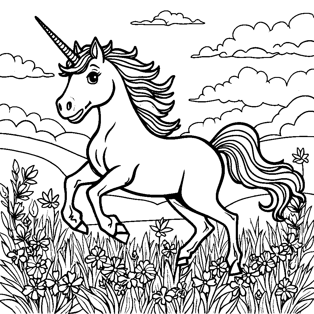 A magical unicorn prancing through a rainbow-colored meadow