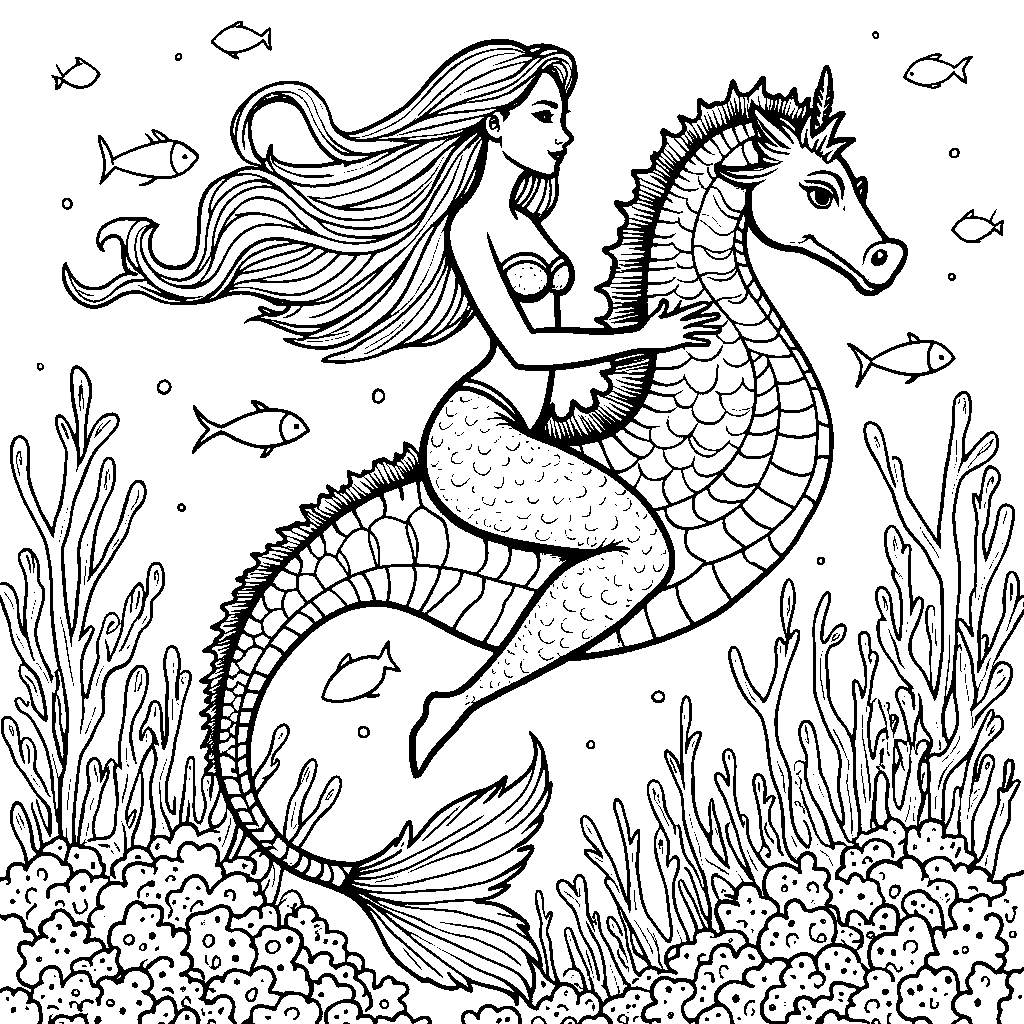 A mermaid riding a seahorse through coral reefs