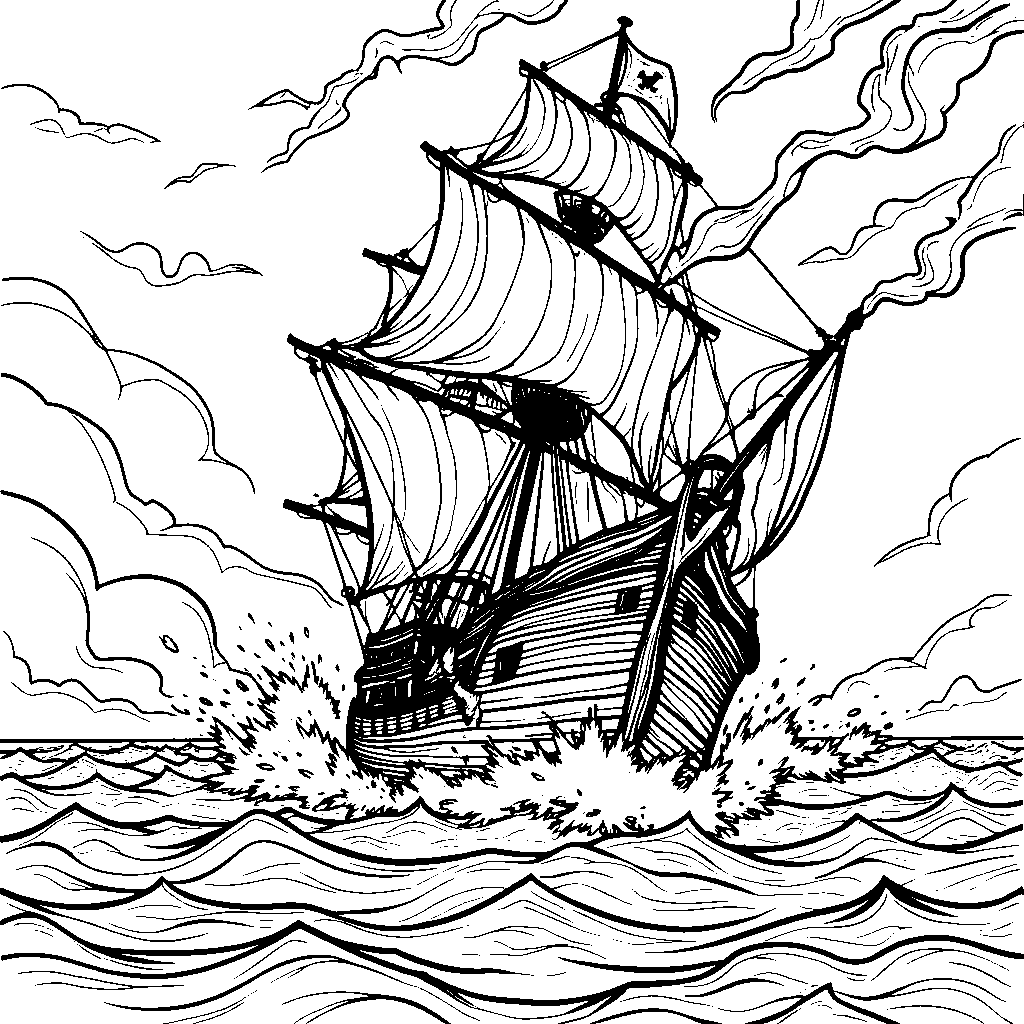 A pirate ship sailing through stormy seas