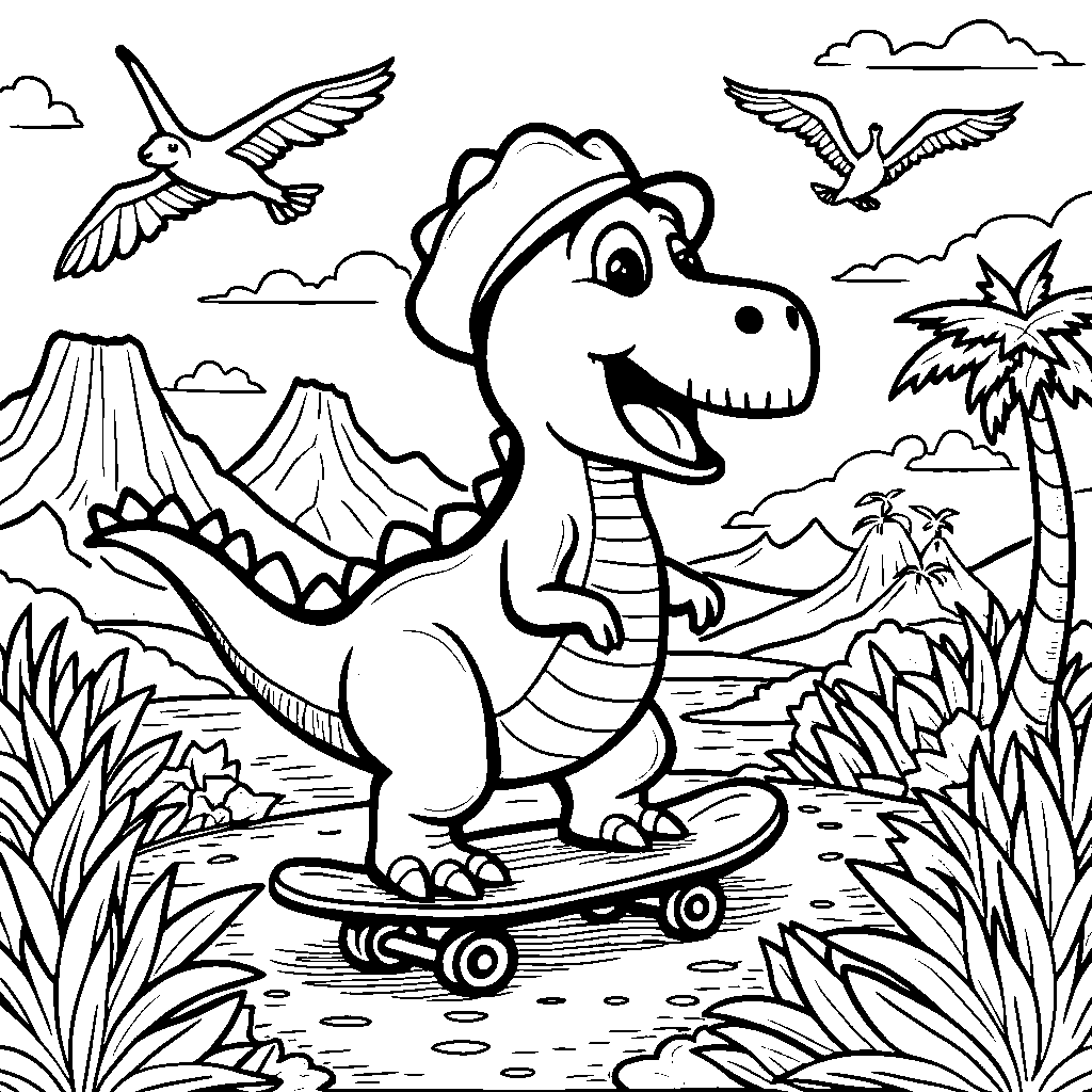 A dinosaur riding a skateboard through a prehistoric landscape