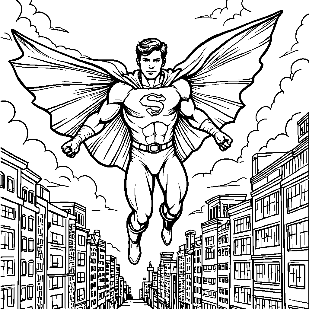 A superhero flying through the city at sunset