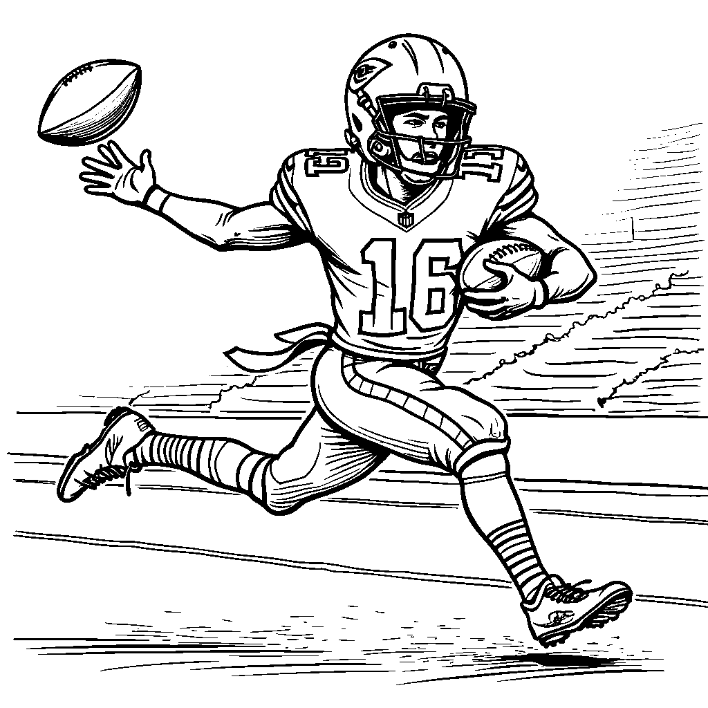 A cartoon version of Patrick Mahomes flying through the air to catch a pass