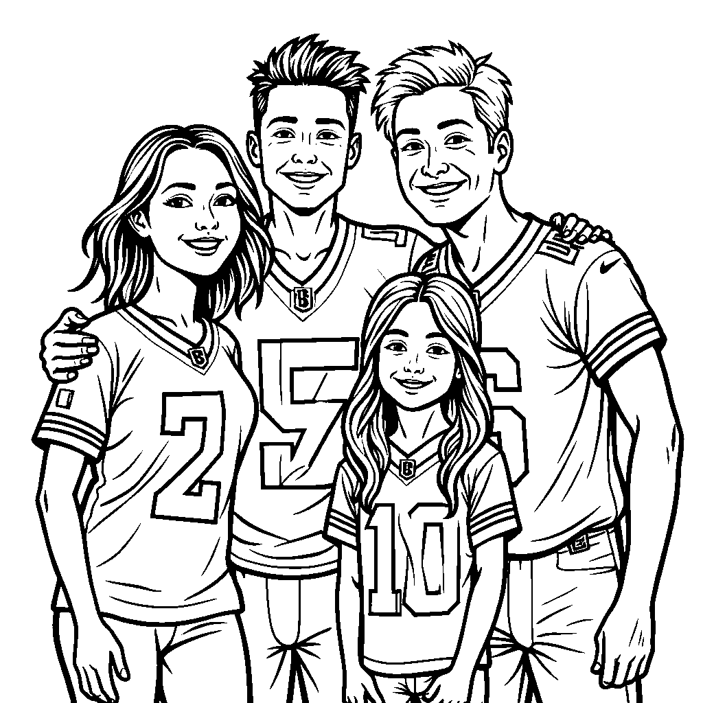 A family portrait featuring Patrick Mahomes with his parents and siblings in jerseys