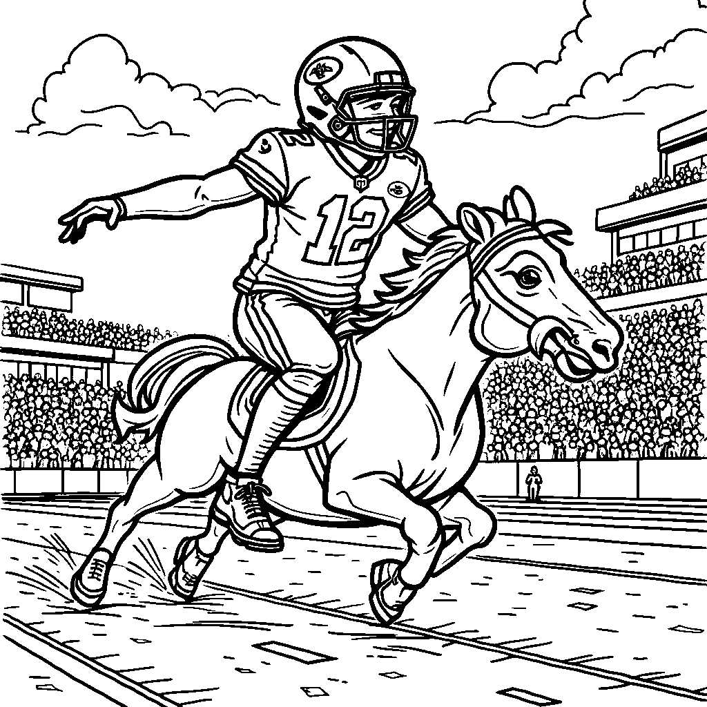 A playful cartoon of Patrick Mahomes riding a giant football