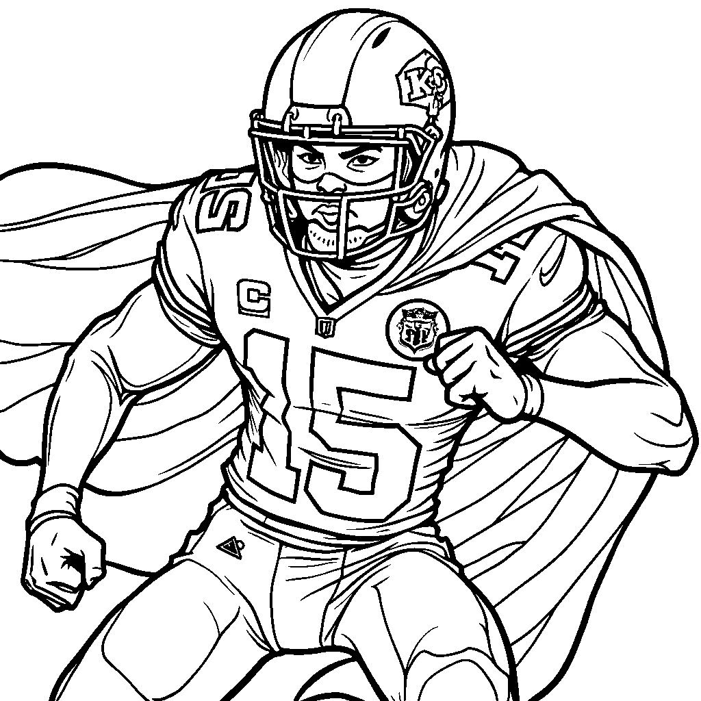 A superhero version of Patrick Mahomes with a cape and mask