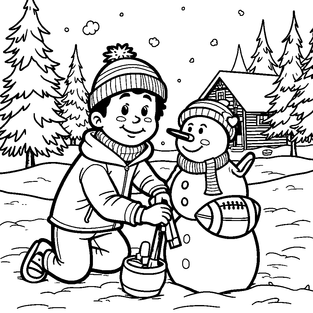 A winter-themed drawing of Patrick Mahomes building a snowman