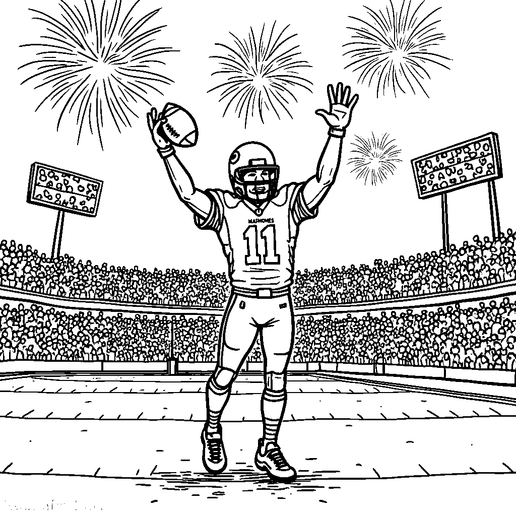 A cartoon Patrick Mahomes celebrating a touchdown with fireworks in the background